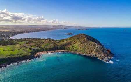 An aerial view of the Bluff looking back over the Victor Harbor township