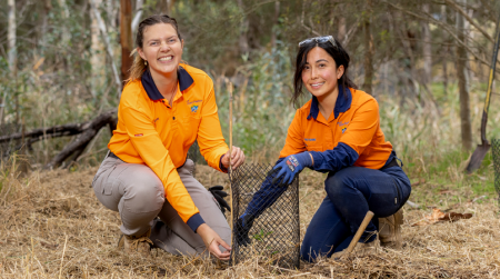 Two women in orange high visibility tops planting tree
